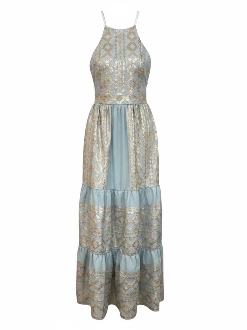 Halter Maxi Dress in Light Blue with Gold Accents - Picture 1 of 6
